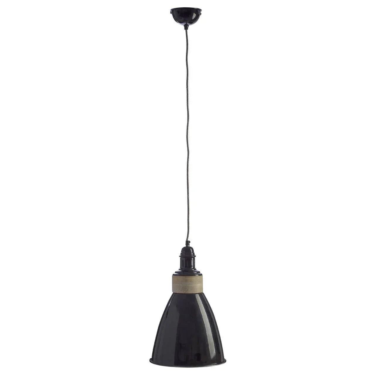 Black metal pendant ceiling light with rope-style cord and natural wood accent