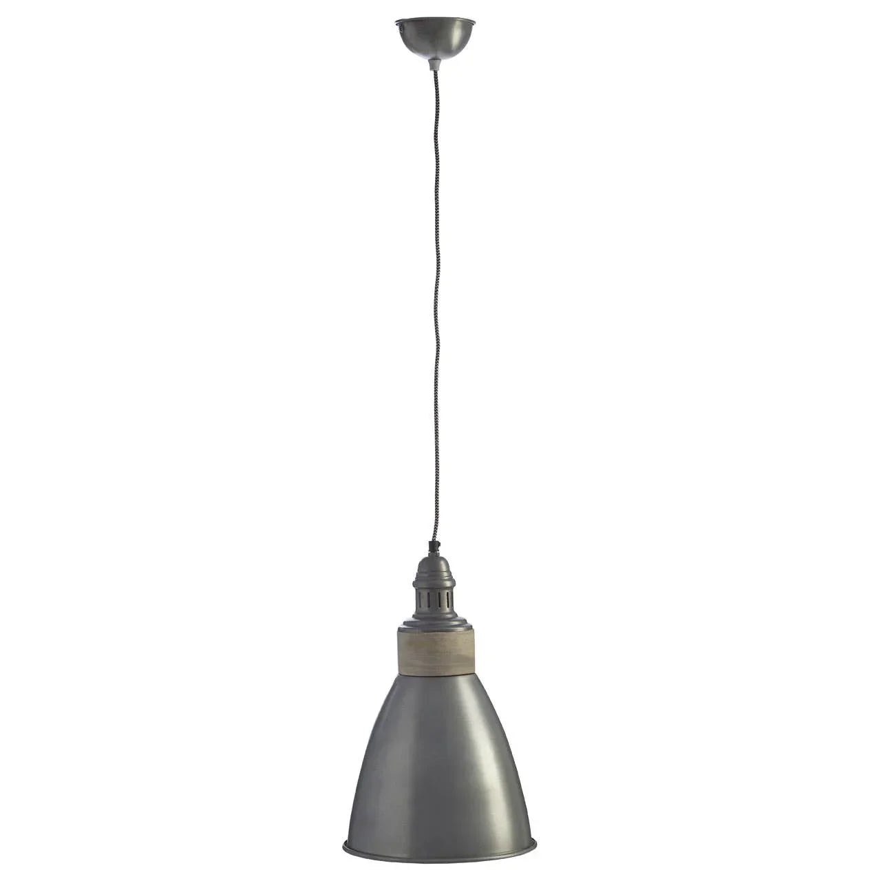 Industrial style pendant light with grey metal shade and black braided cord