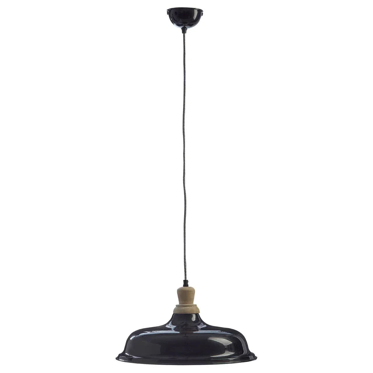 Black metal pendant light with wood accent and fabric cord, front view