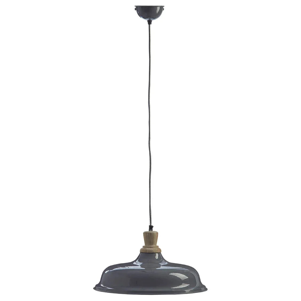 Grey metal pendant ceiling light with wooden accent and black fabric cord