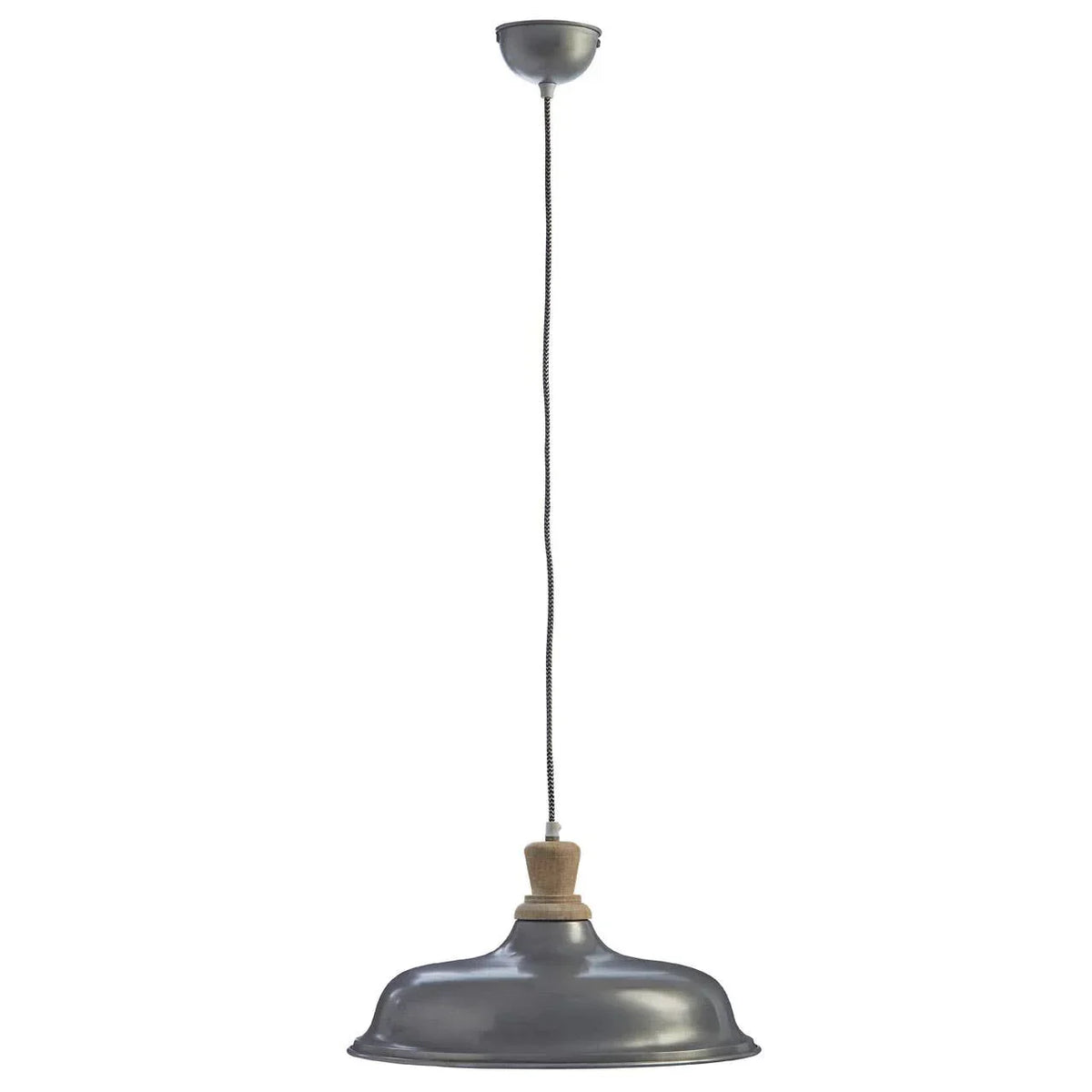 Industrial metal pendant ceiling light with black cord and wooden accent