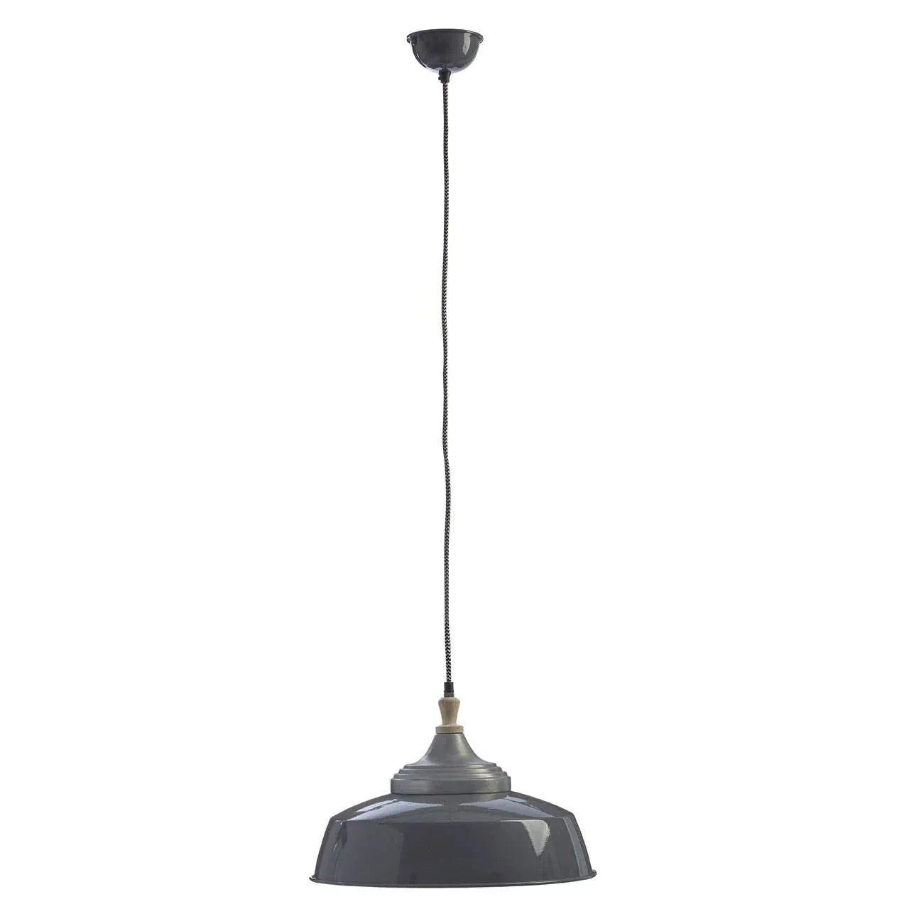 Grey metal pendant ceiling light with long black cord and dome shade