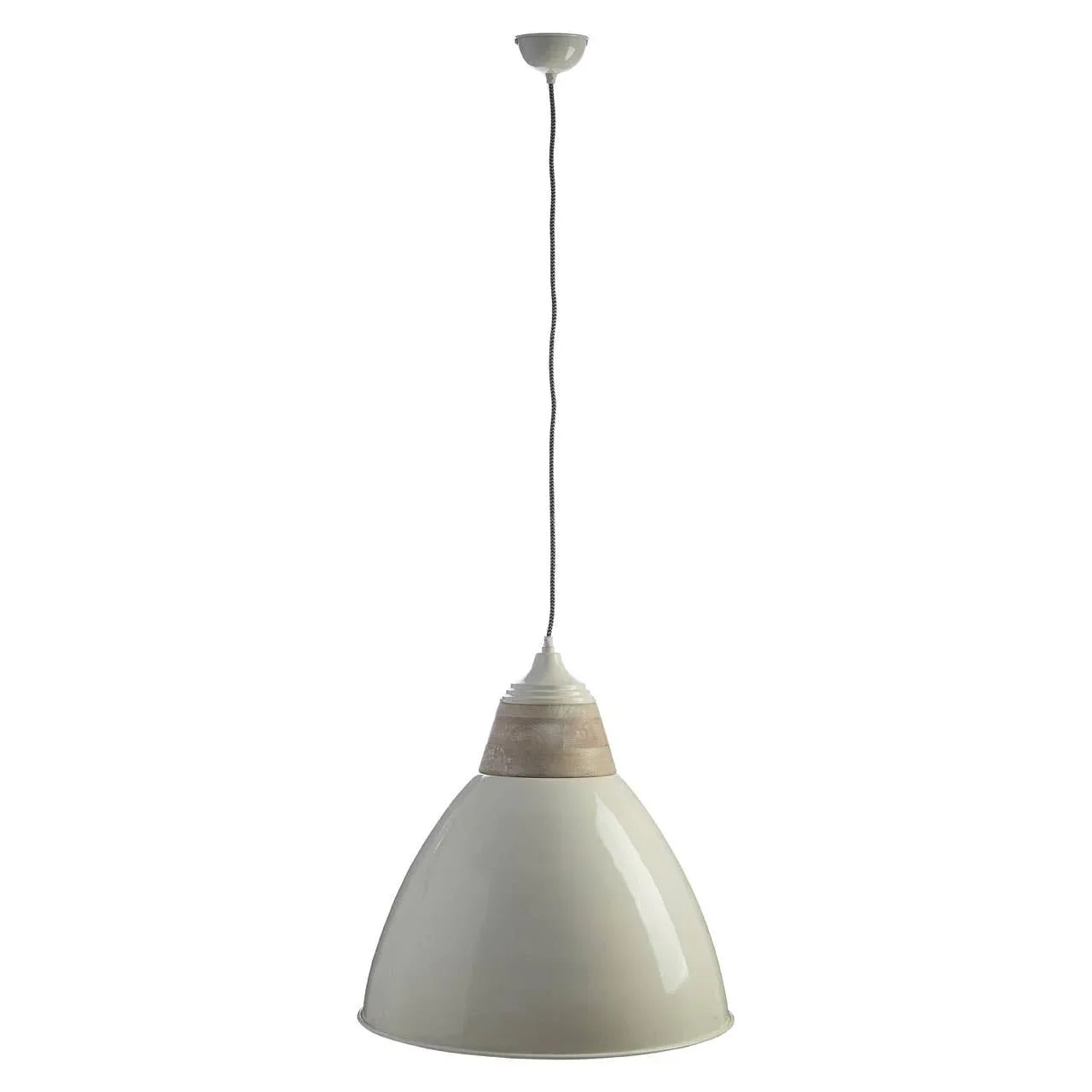 Cream pendant ceiling light with wooden detail and fabric cord on white background