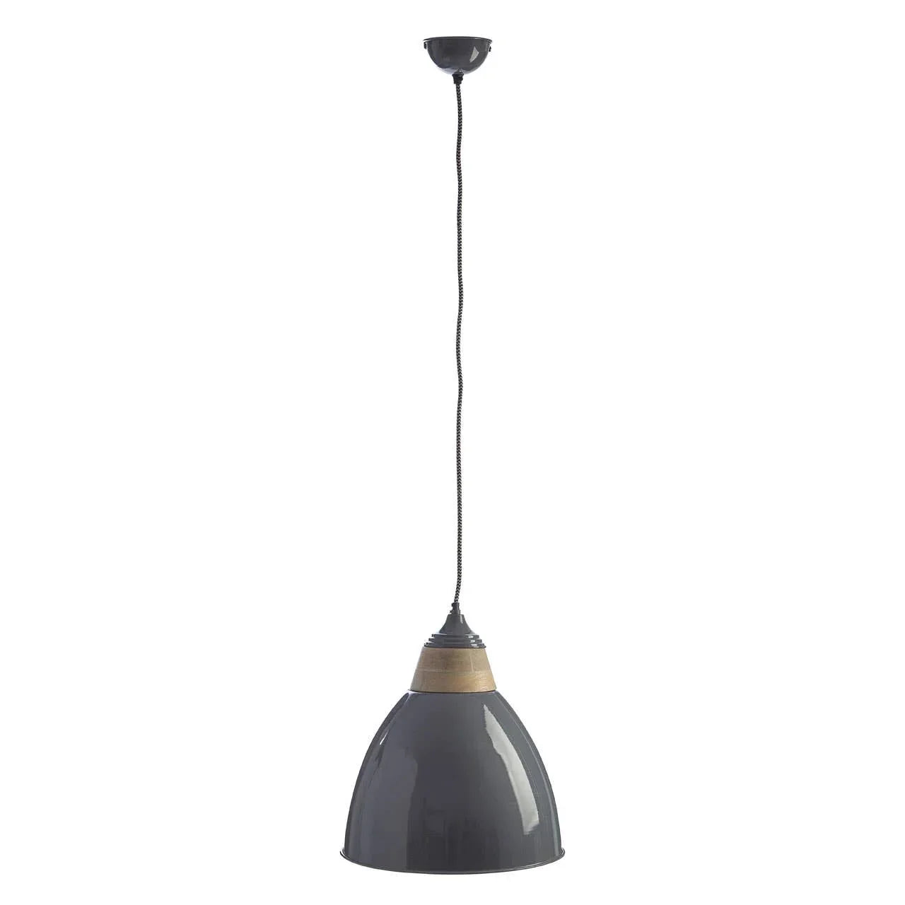Grey metal pendant light with dome shade and black cord, front view