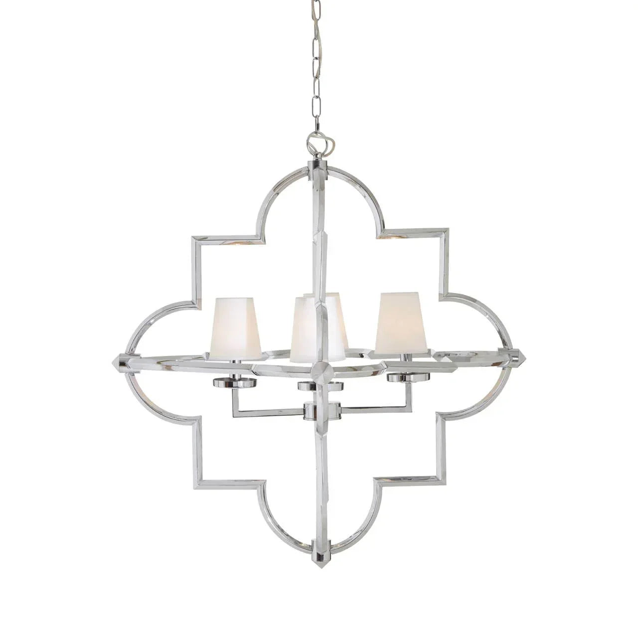 Chrome metal chandelier with quatrefoil frame and four frosted glass lamp shades