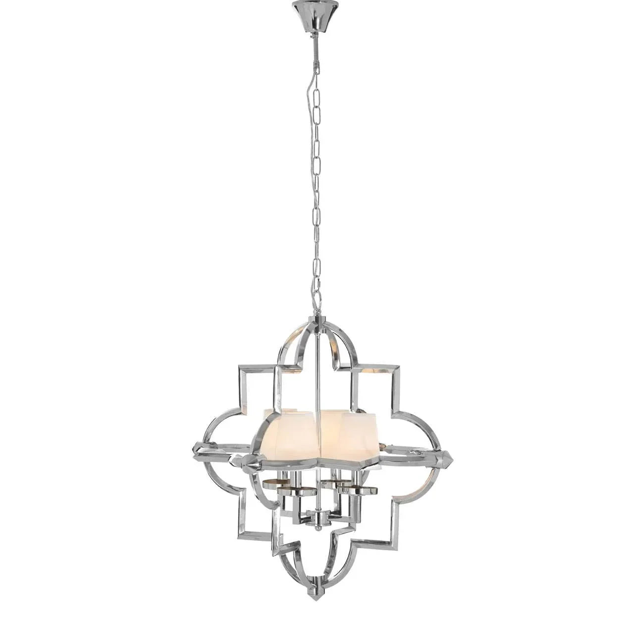 Modern chrome pendant ceiling light with geometric frame and frosted glass shades