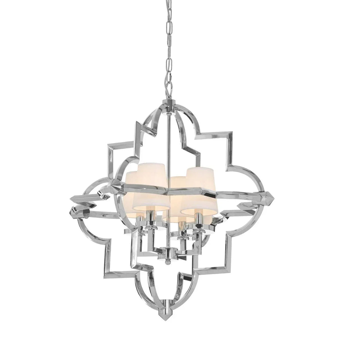 Chrome finish pendant ceiling light with geometric frame and four fabric lamp shades