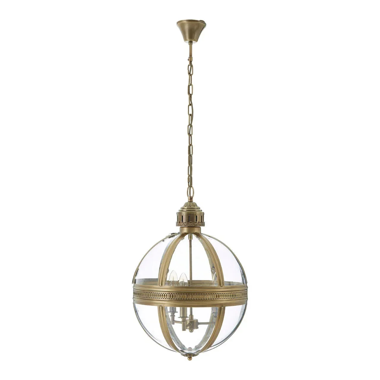 Brass and glass pendant ceiling light with globe design and chain suspension