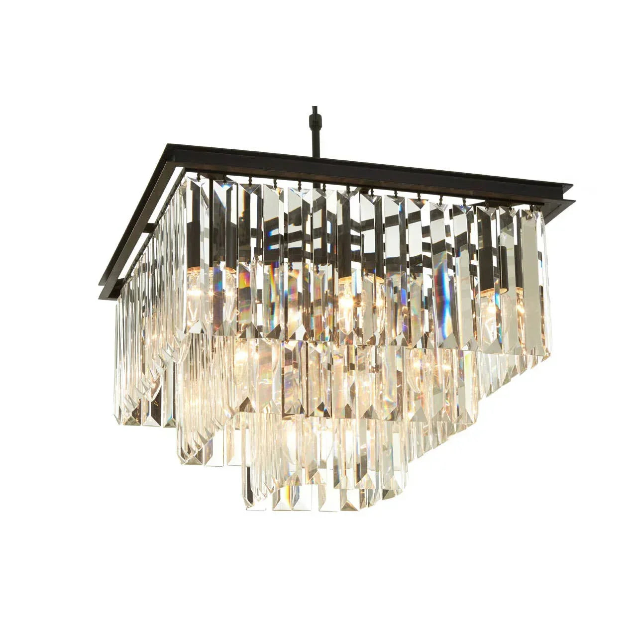 Square crystal chandelier with layered glass prisms and black metal frame, ceiling lighting