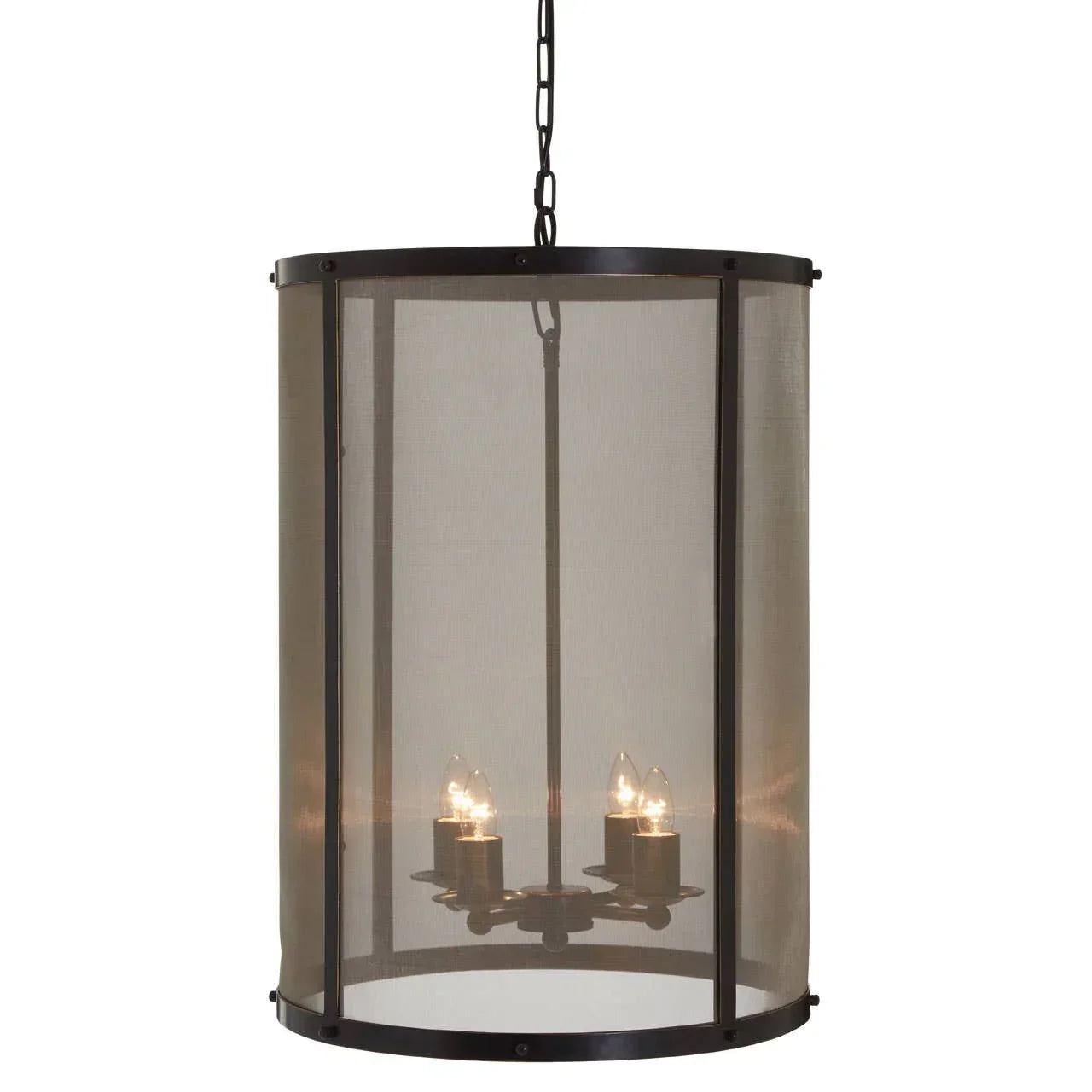 Large cylindrical mesh pendant light with black metal frame and four bulb holders