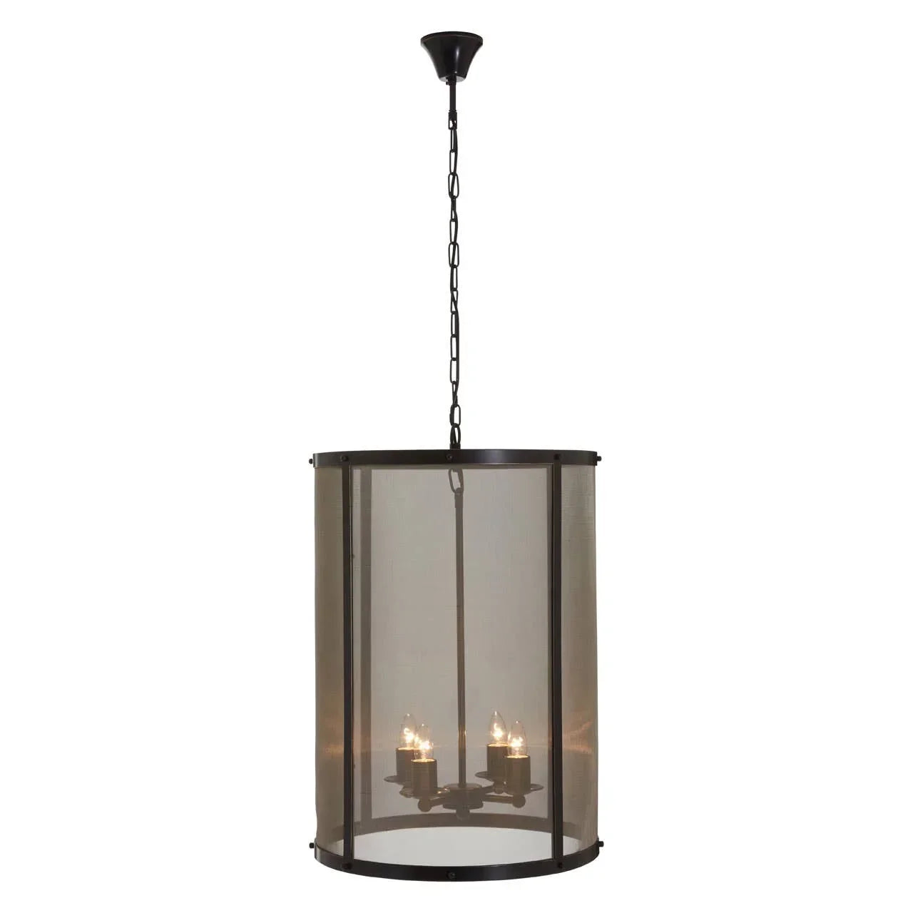 Black metal pendant ceiling light with mesh drum shade and four candle-style bulbs