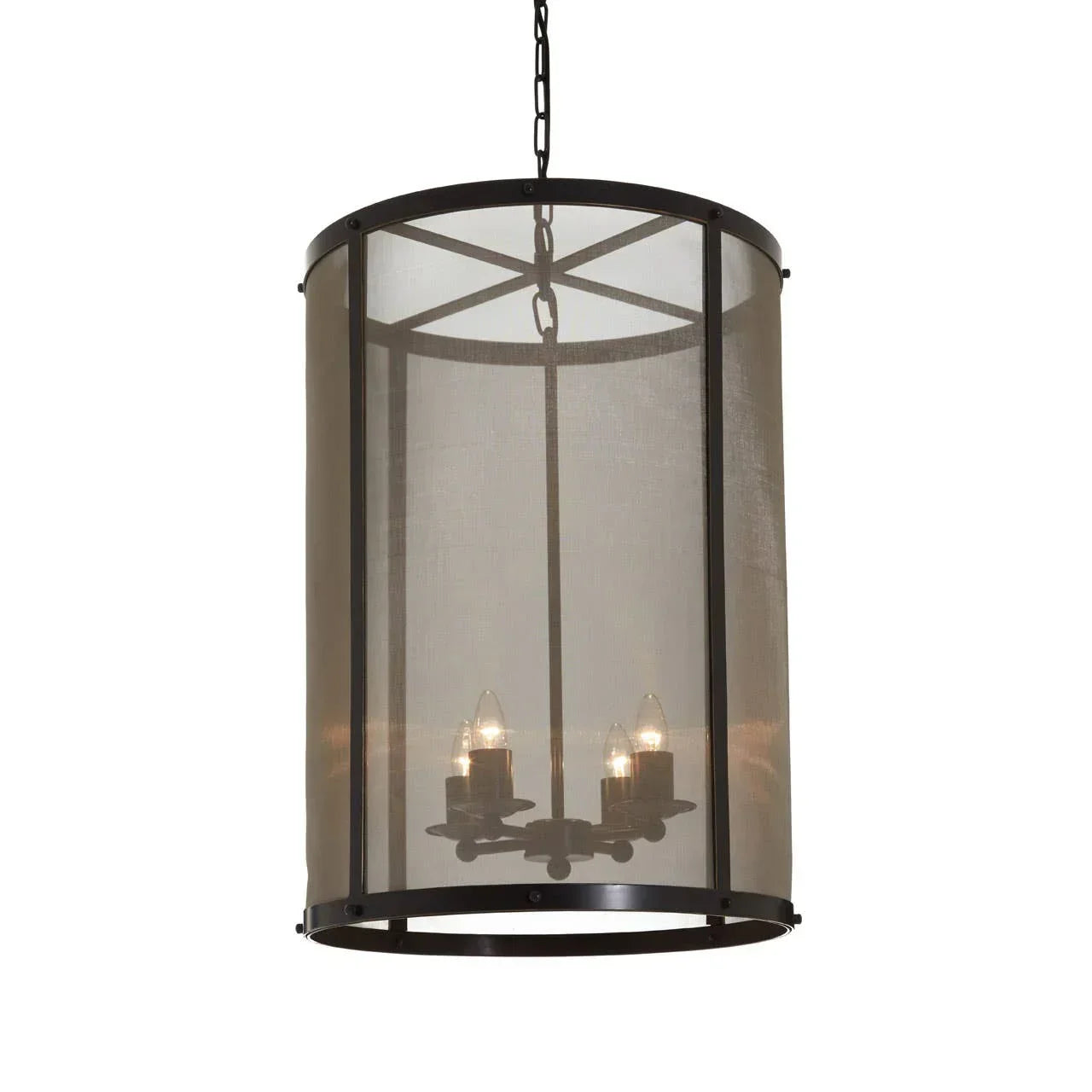 Black metal cylindrical pendant ceiling light with mesh shade and exposed bulbs