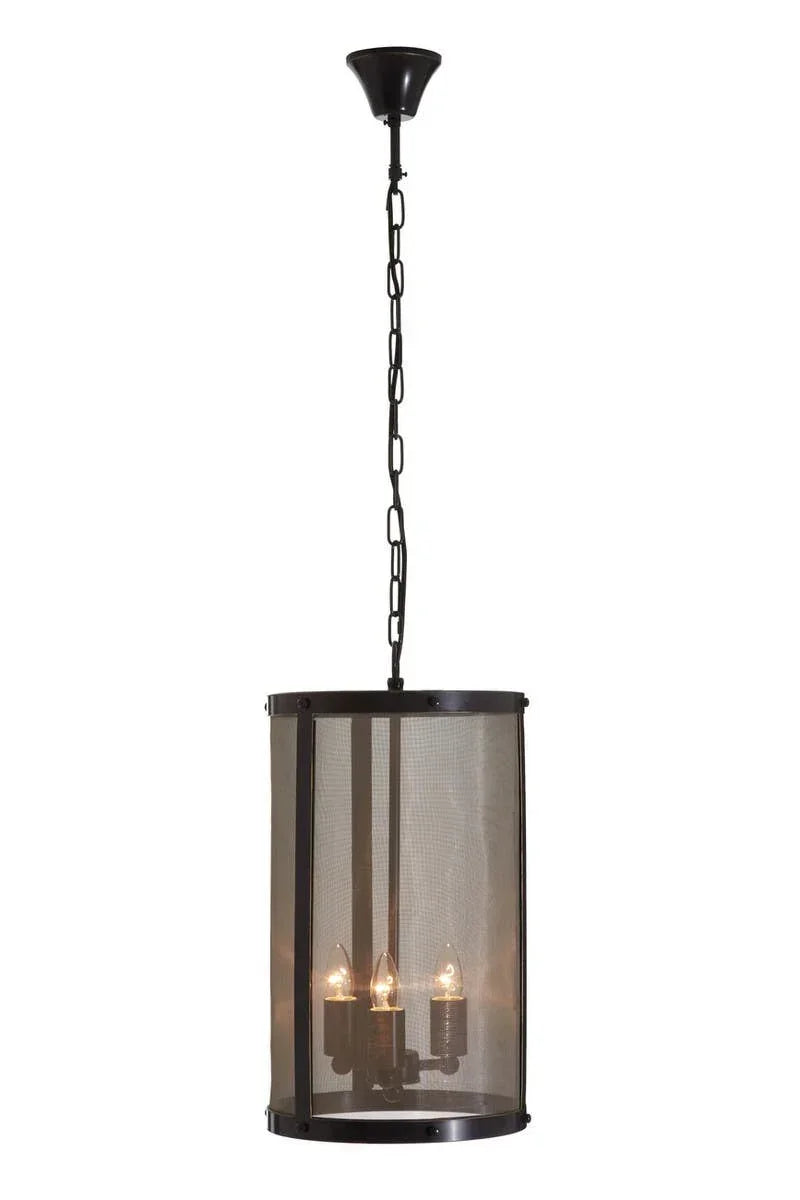 Industrial pendant light with black mesh drum shade and three candle-style bulbs