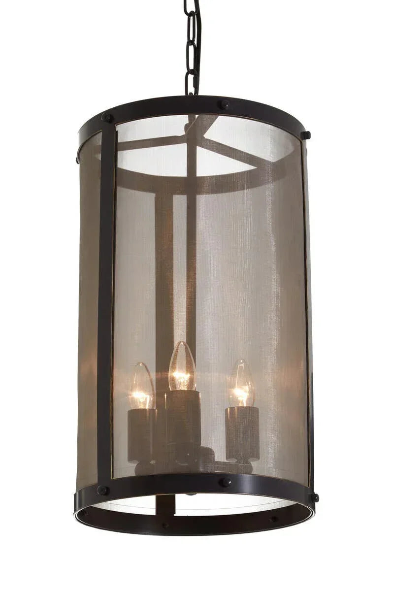 Black metal pendant light with mesh shade and three exposed bulbs