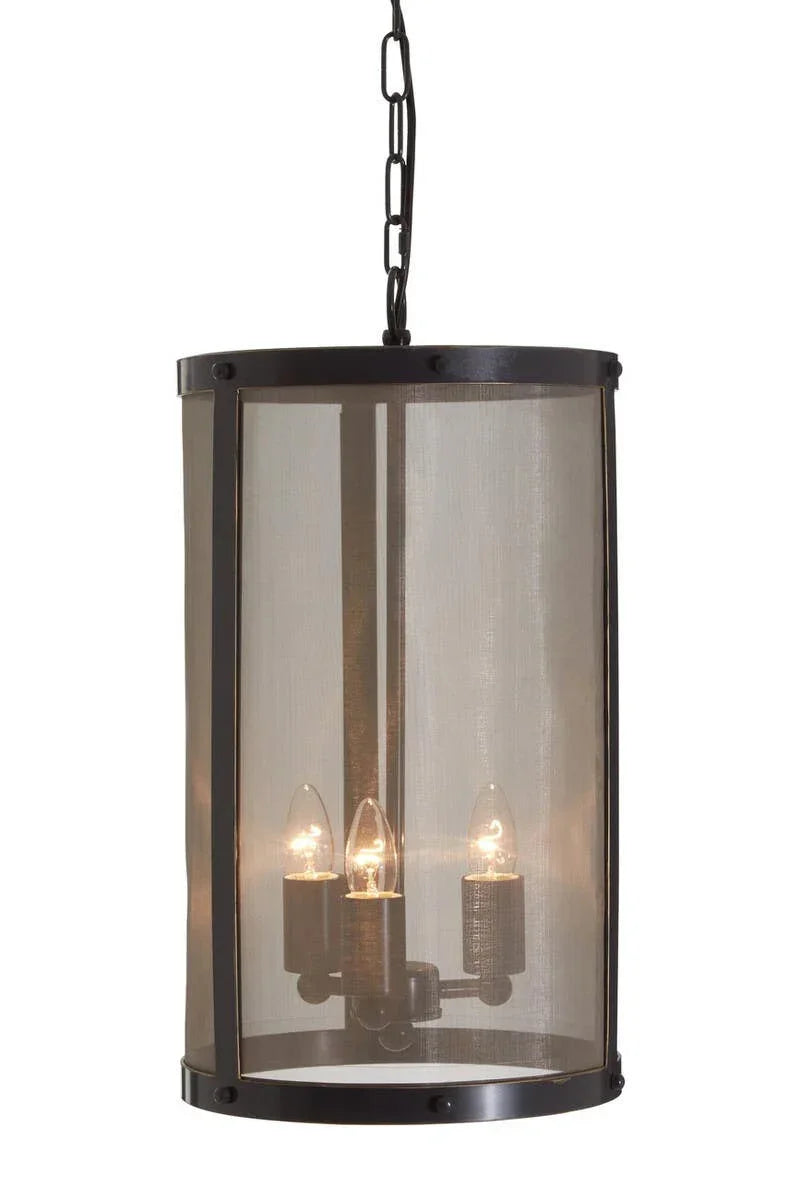 Black metal pendant ceiling light with cylindrical mesh shade and three candle bulbs