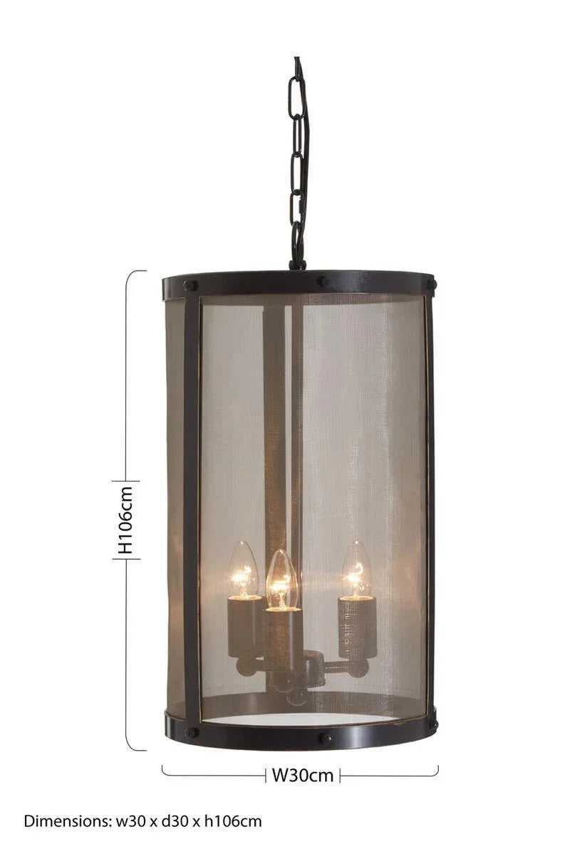 Black metal pendant ceiling light with cylindrical mesh shade and three exposed bulbs