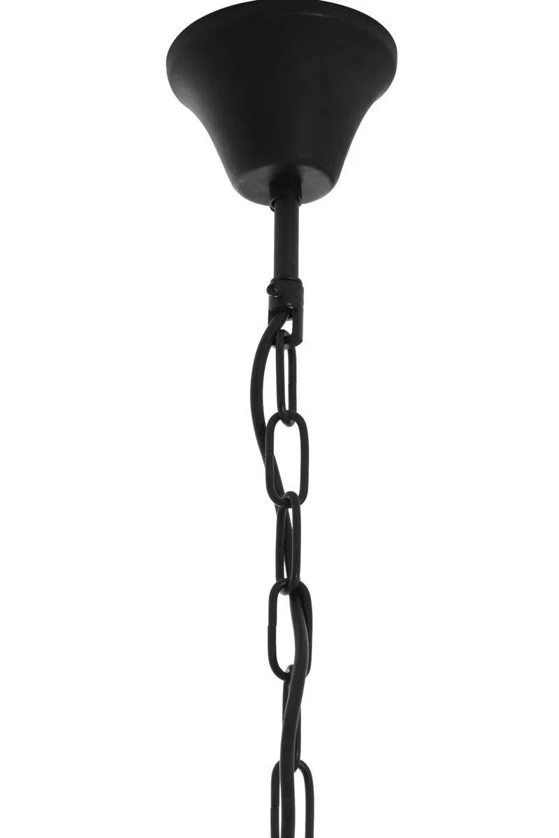 Black metal ceiling hook and chain for hanging light fixture, close-up view