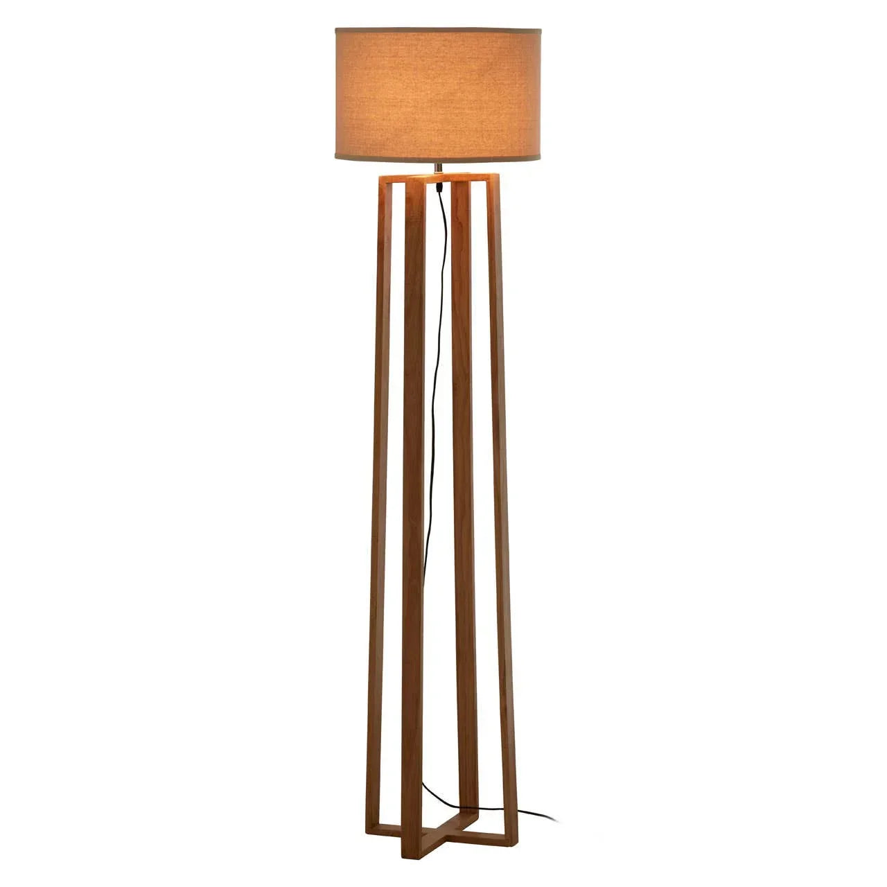 Modern floor lamp with wooden tripod base and beige fabric drum shade