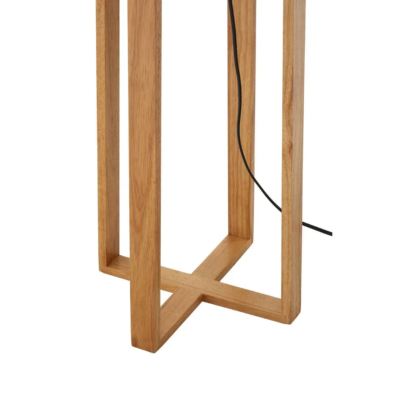 Oak lamp base with cross-frame legs and visible black cable