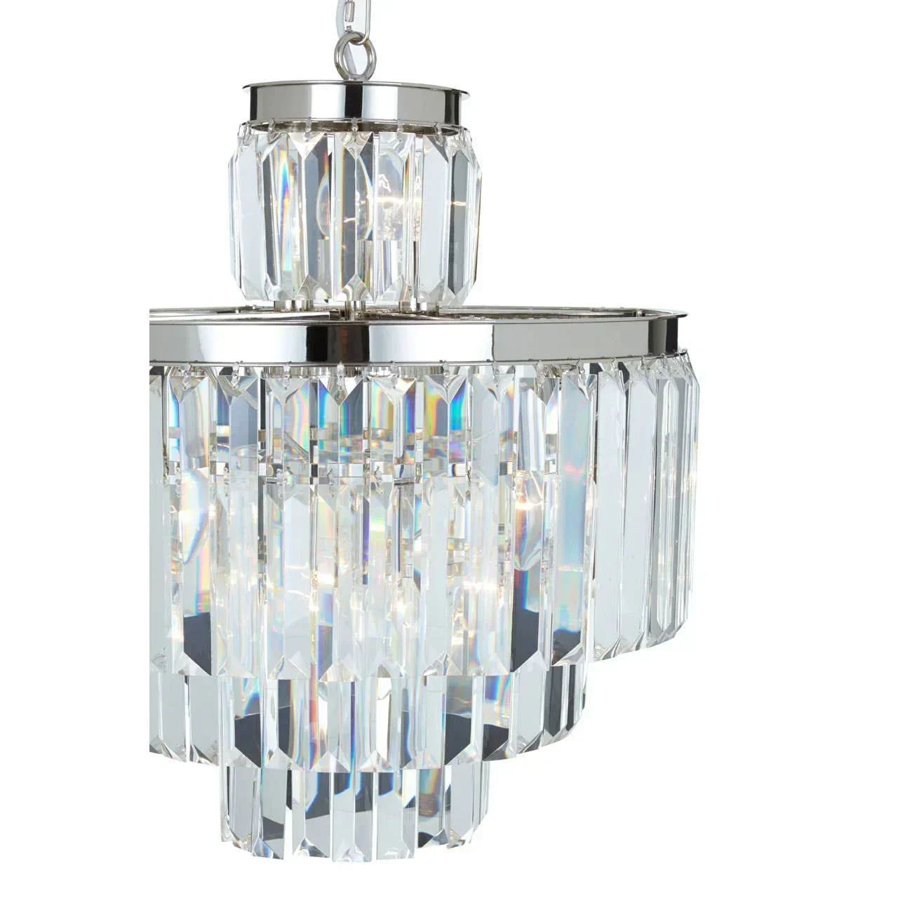 Crystal chandelier with chrome frame and tiered clear glass prisms, close-up view