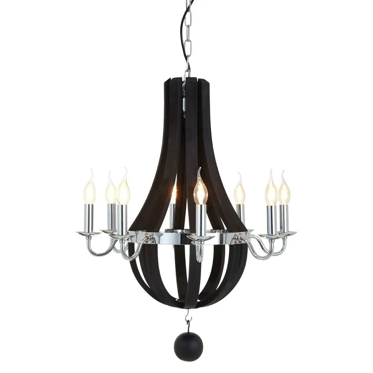 Black and chrome chandelier with curved wood arms and candle-style bulbs