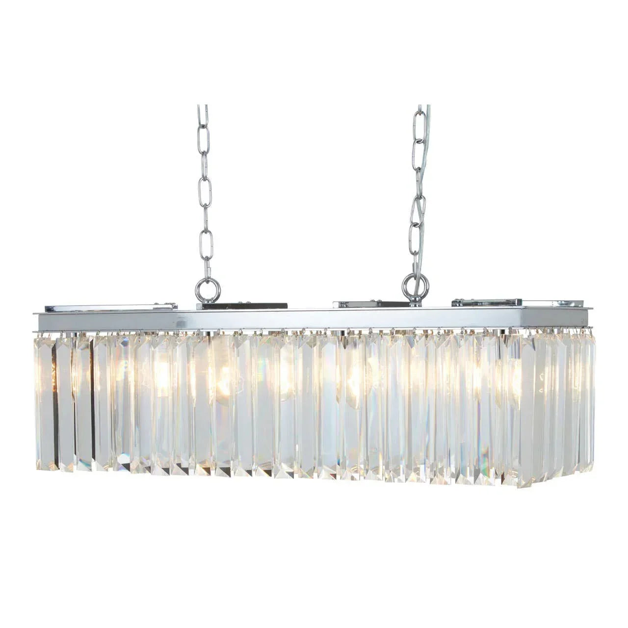 Rectangular crystal chandelier with chrome frame and chains, illuminated light bulbs visible