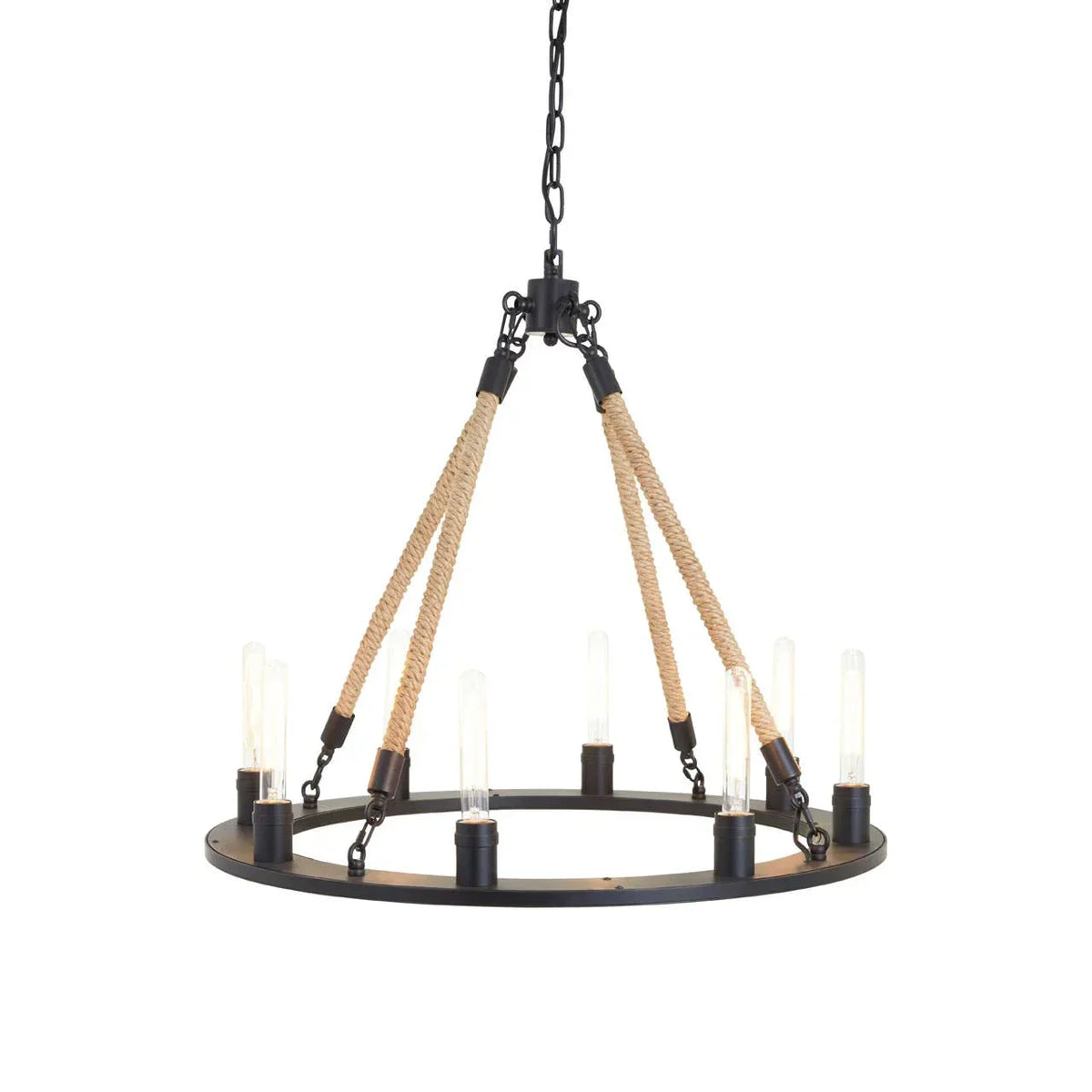 round metal chandelier with rope suspension and exposed bulbs