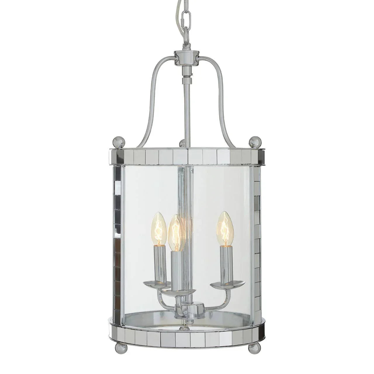 Chrome and glass pendant ceiling light with three candle-style bulbs