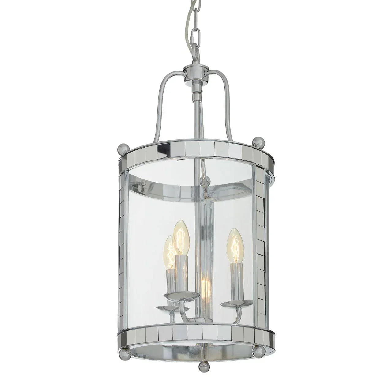 Chrome and glass pendant light fixture with three candle bulbs hanging by a chain