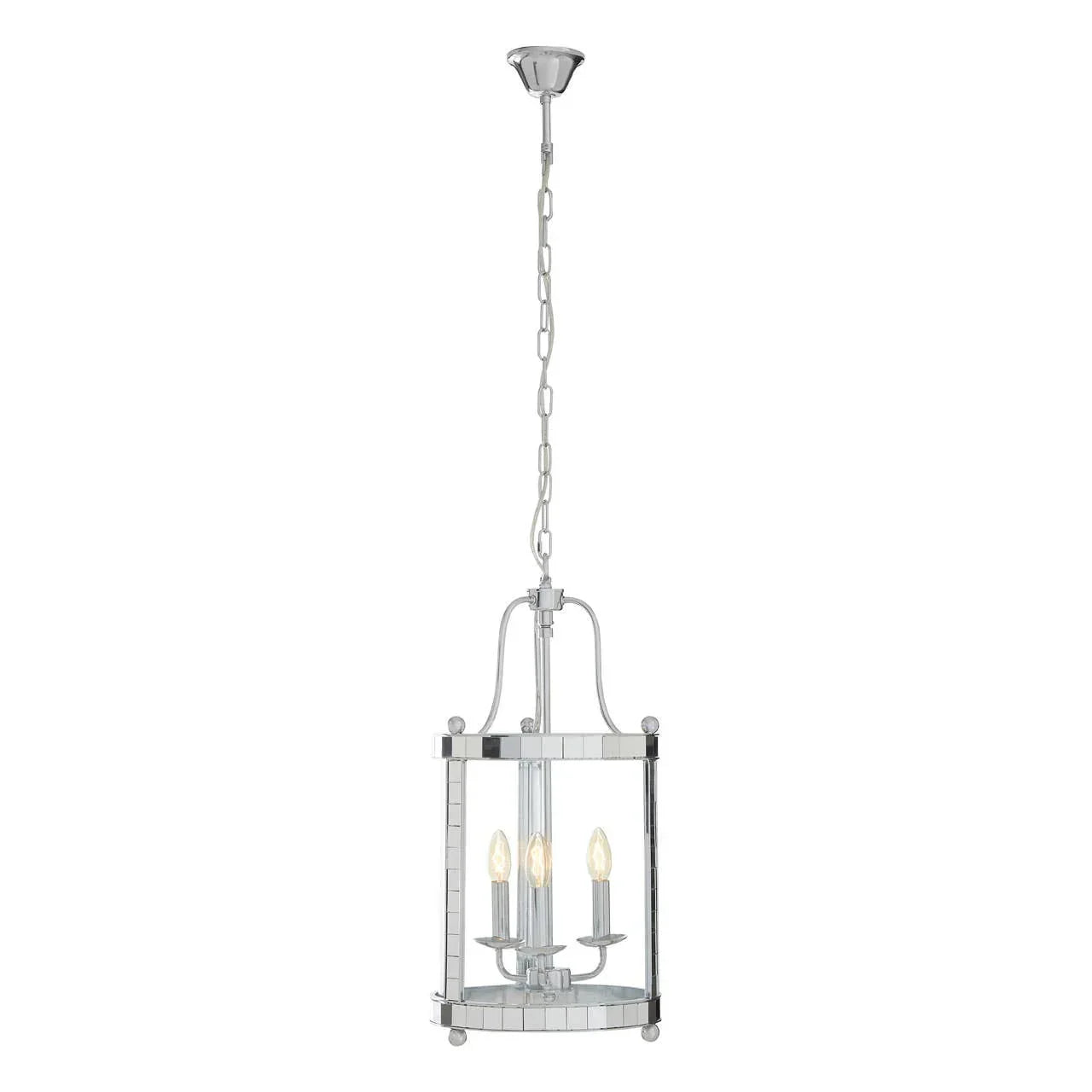 Chrome finish pendant ceiling light with three candle bulbs and clear glass panels