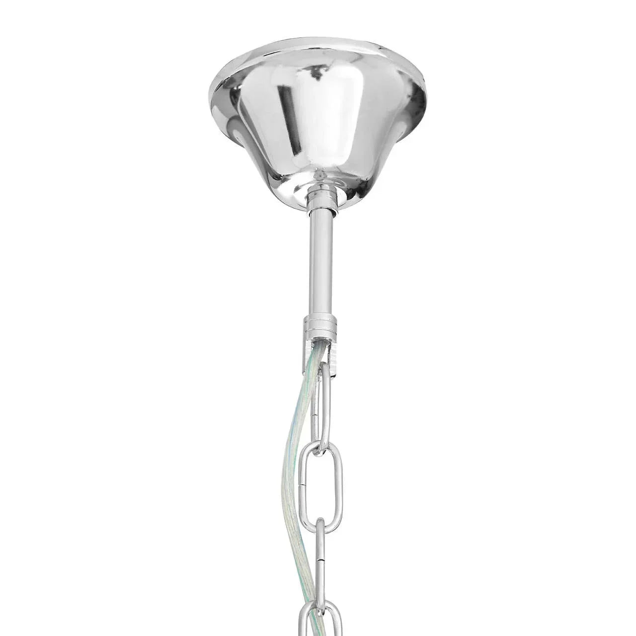 Chrome pendant light ceiling fitting with hanging chain and visible wiring