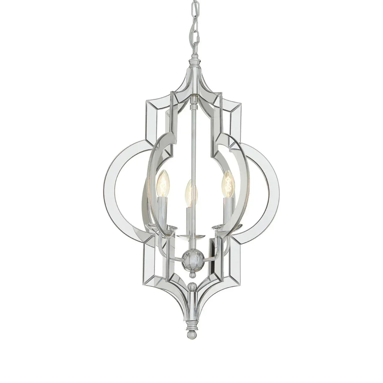 Chrome pendant ceiling light with three exposed bulbs and geometric metal frame
