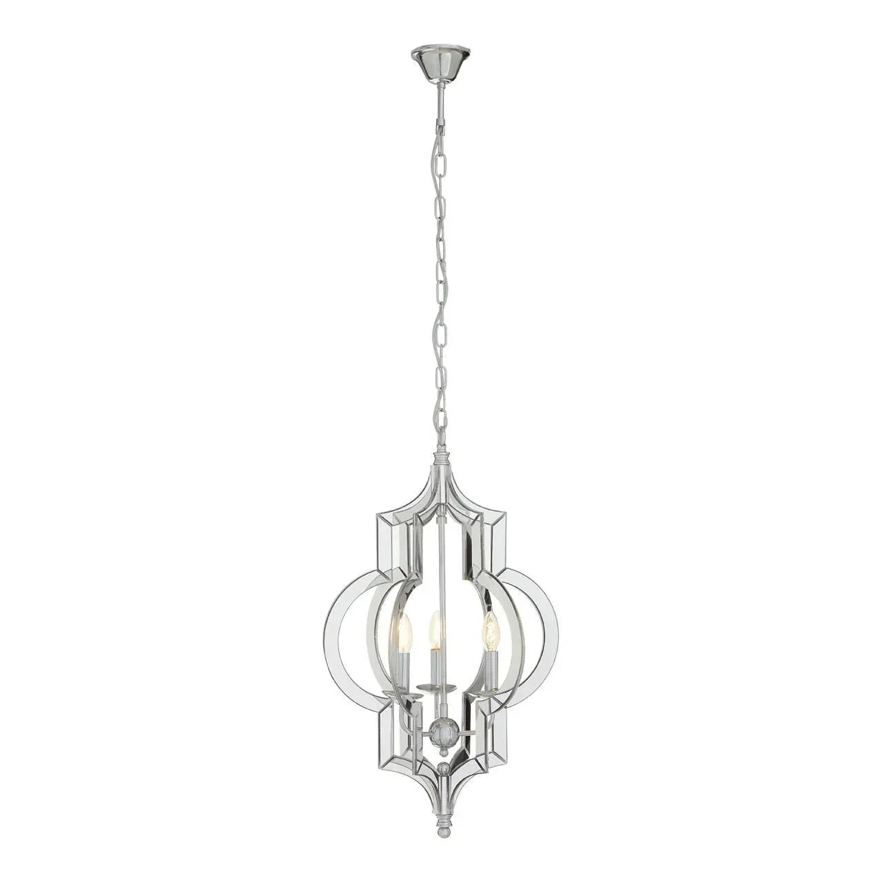 Chrome pendant ceiling light with three candle bulbs and geometric metal frame