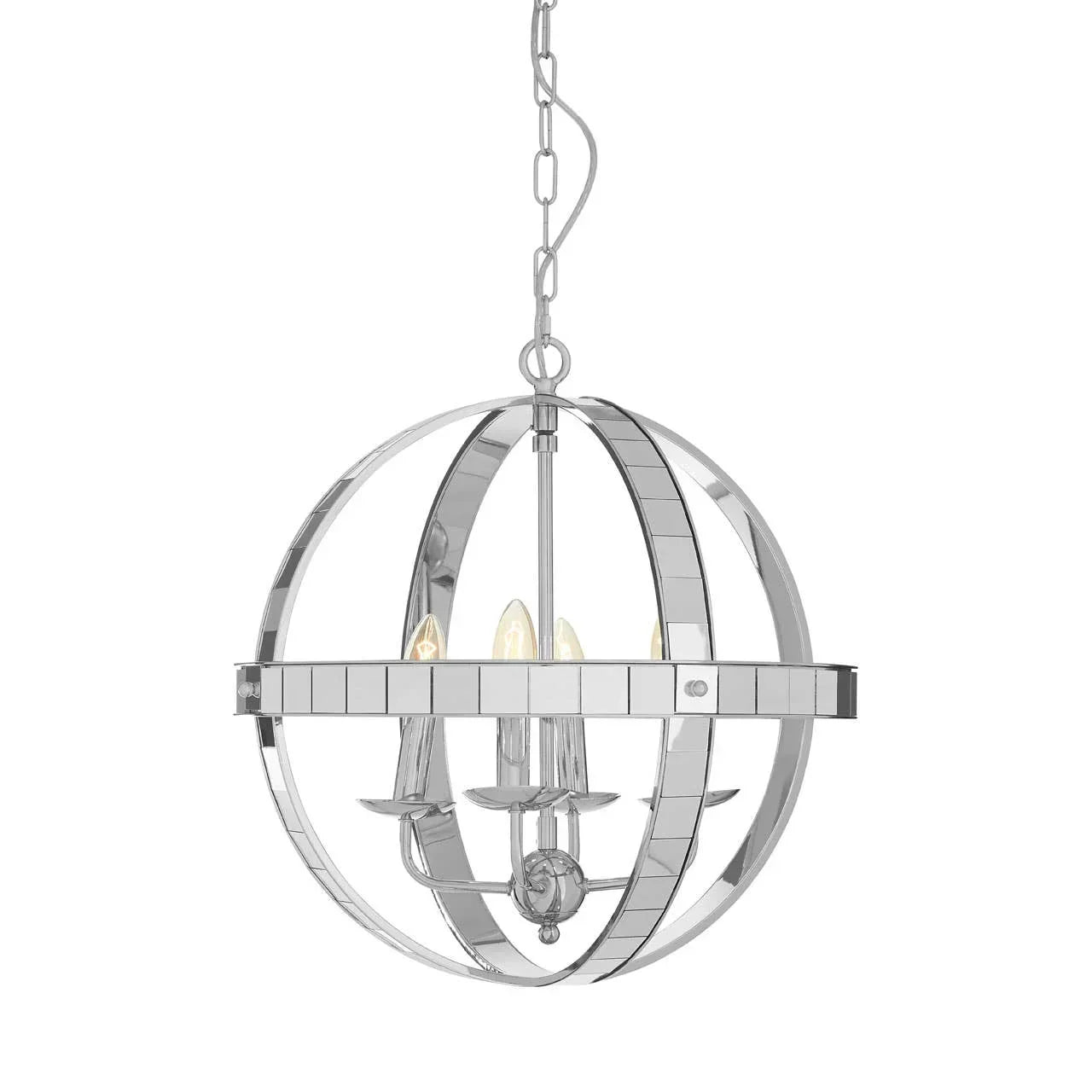 Chrome globe chandelier with mirrored bands and three candle-style lights