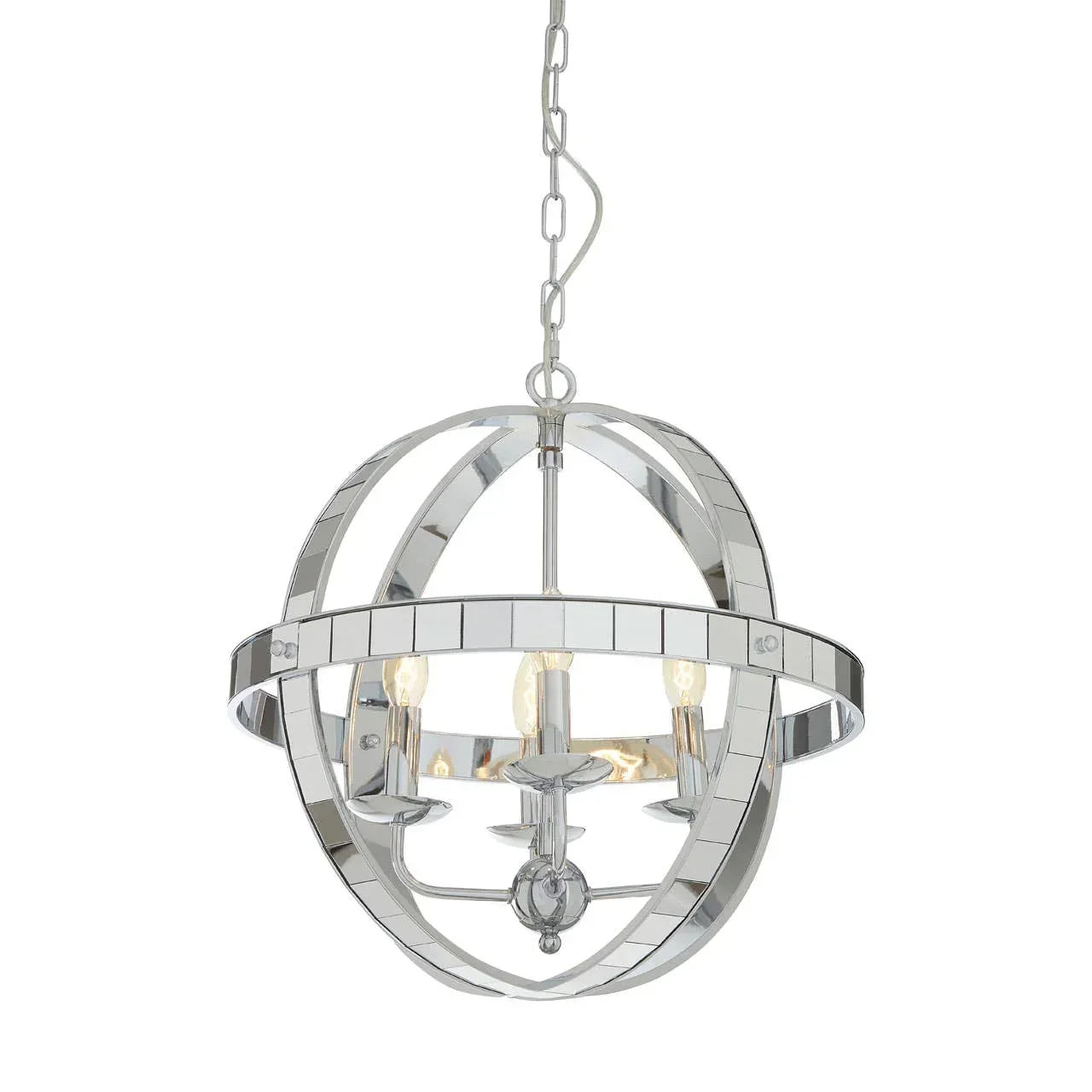 Chrome globe pendant light with mirrored bands and exposed bulbs, modern chandelier style