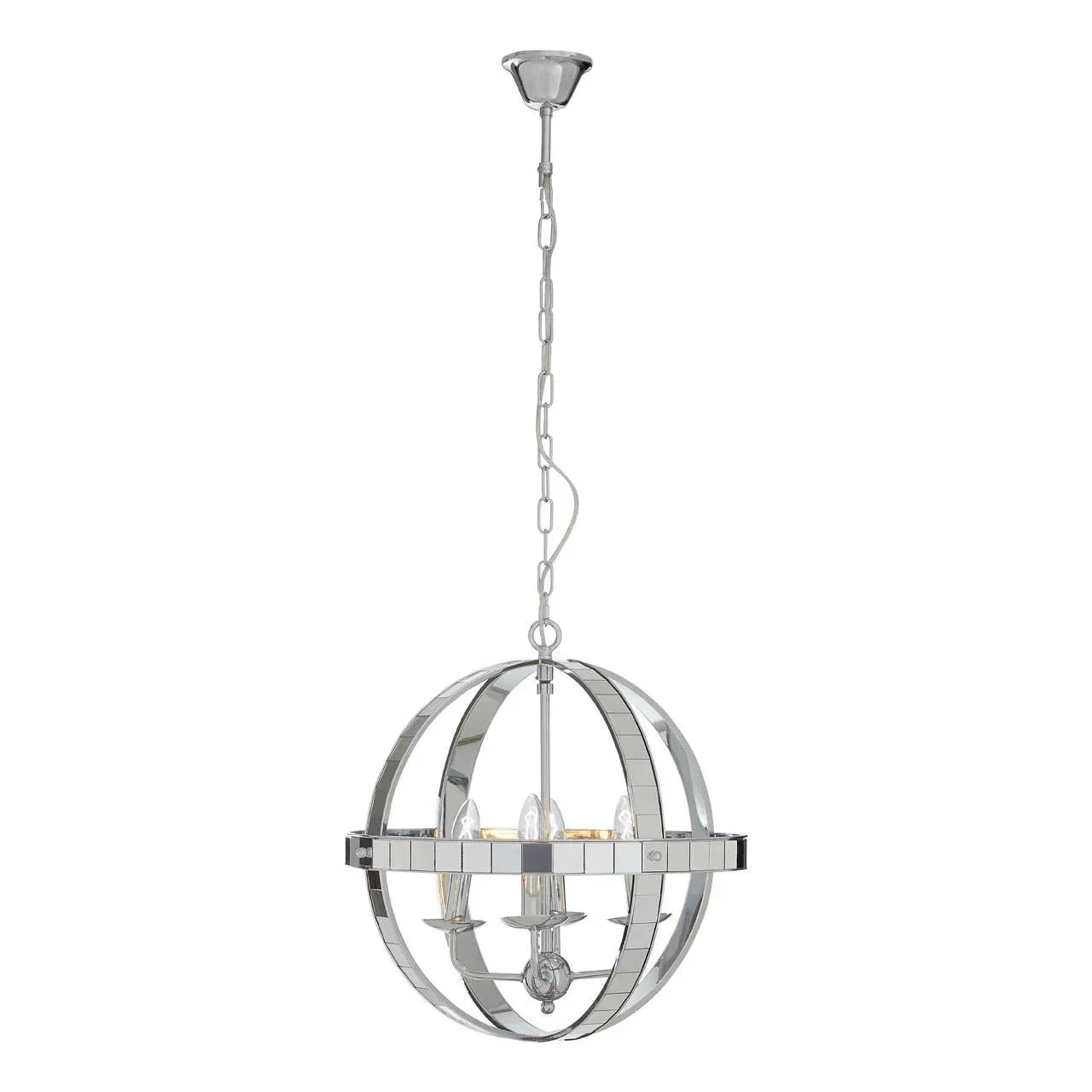 Chrome globe pendant light with mirrored bands and exposed candle-style bulbs