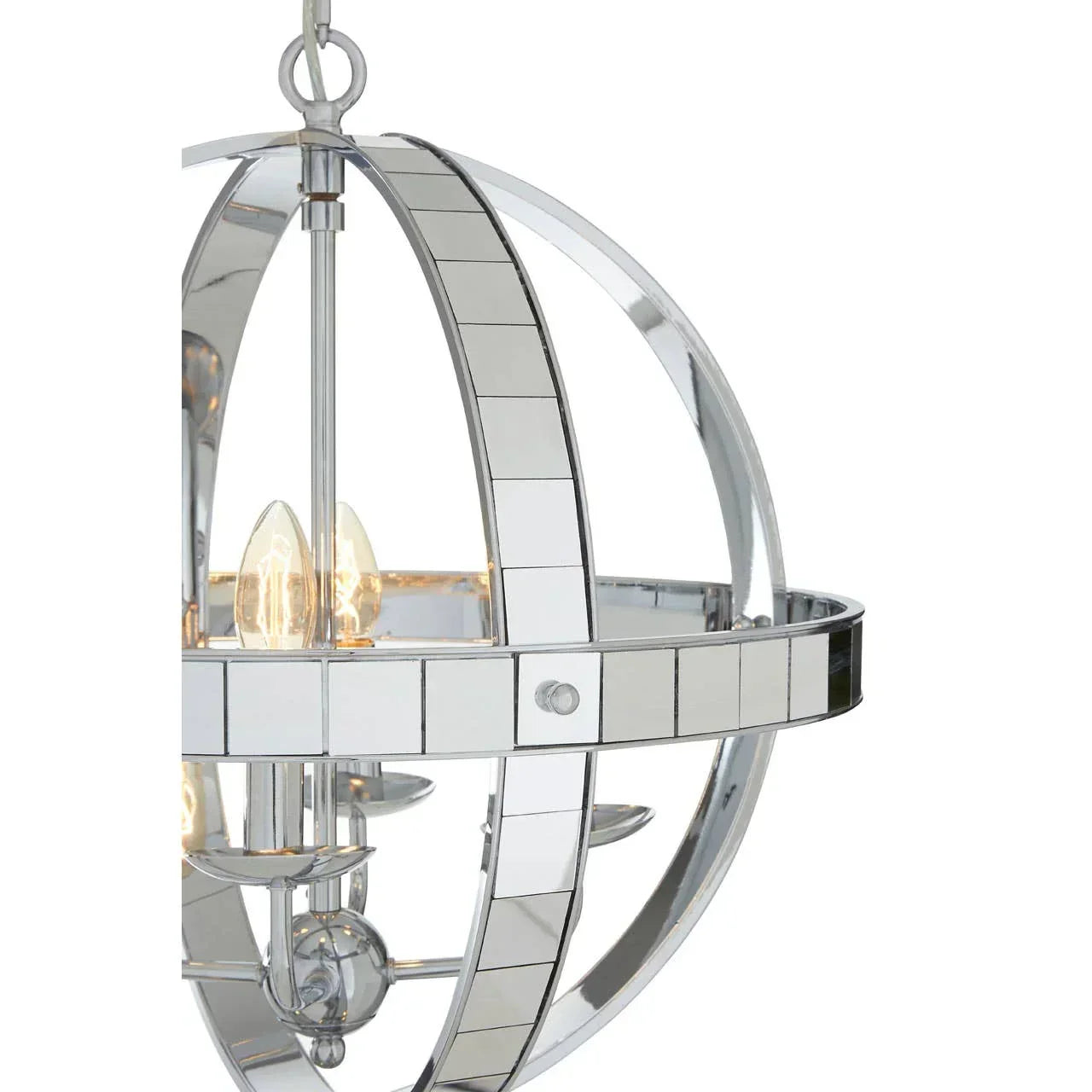 Chrome and glass globe chandelier with exposed bulbs and mirrored panels