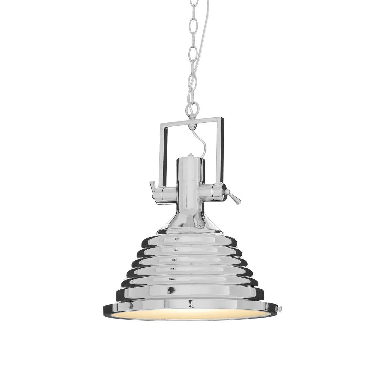 Chrome industrial ceiling pendant light with ribbed metal shade and chain suspension
