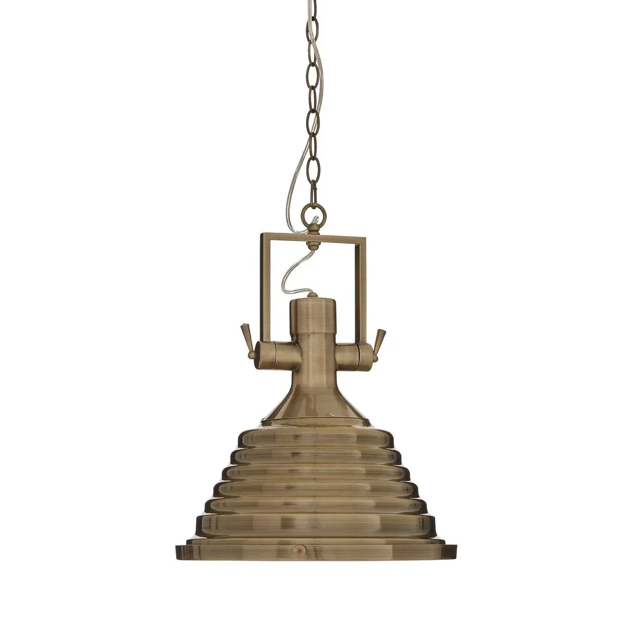 Brass pendant light with stepped dome shade and chain hanging detail