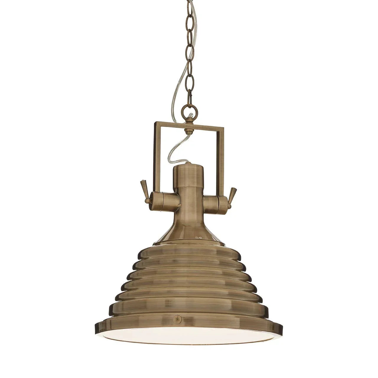 Antique brass pendant light with ribbed metal shade and chain suspension