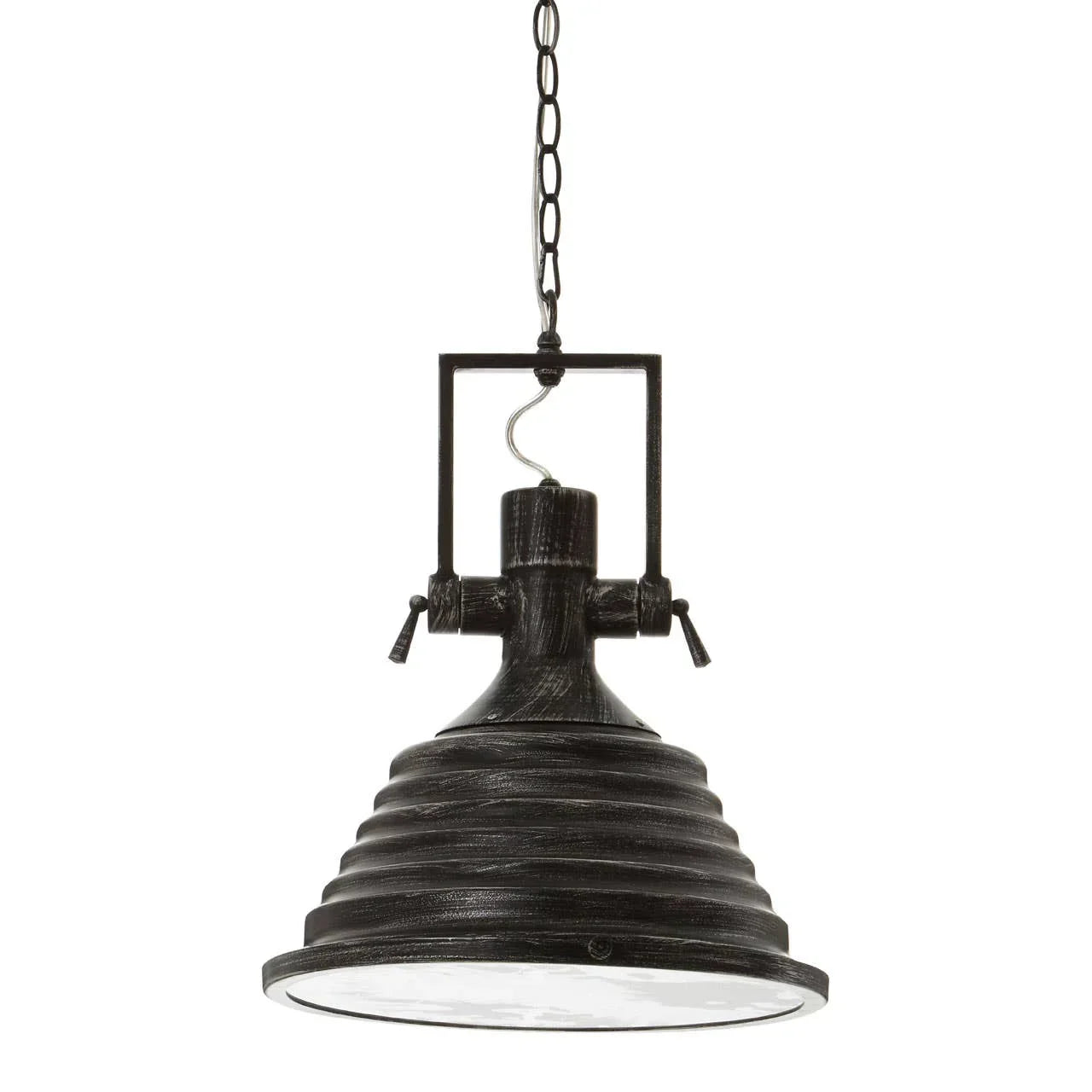 Black metal pendant light with ribbed shade and chain suspension, front view