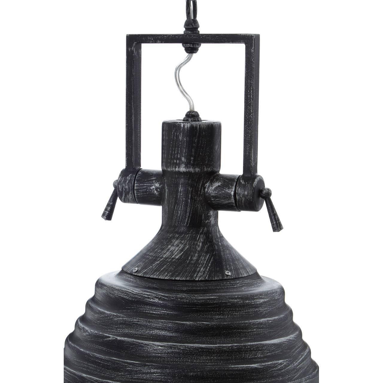 Black metal industrial pendant light with weathered finish, closeup of top fixture detail
