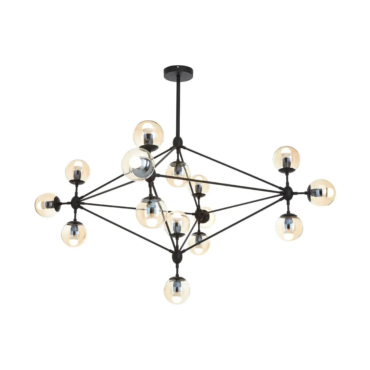 Modern black chandelier with multiple glass globe lights and geometric metal frame