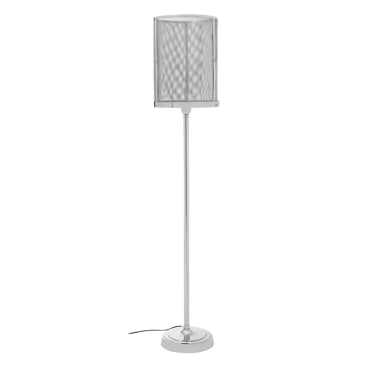 Chrome floor lamp with cylindrical mesh shade and round base