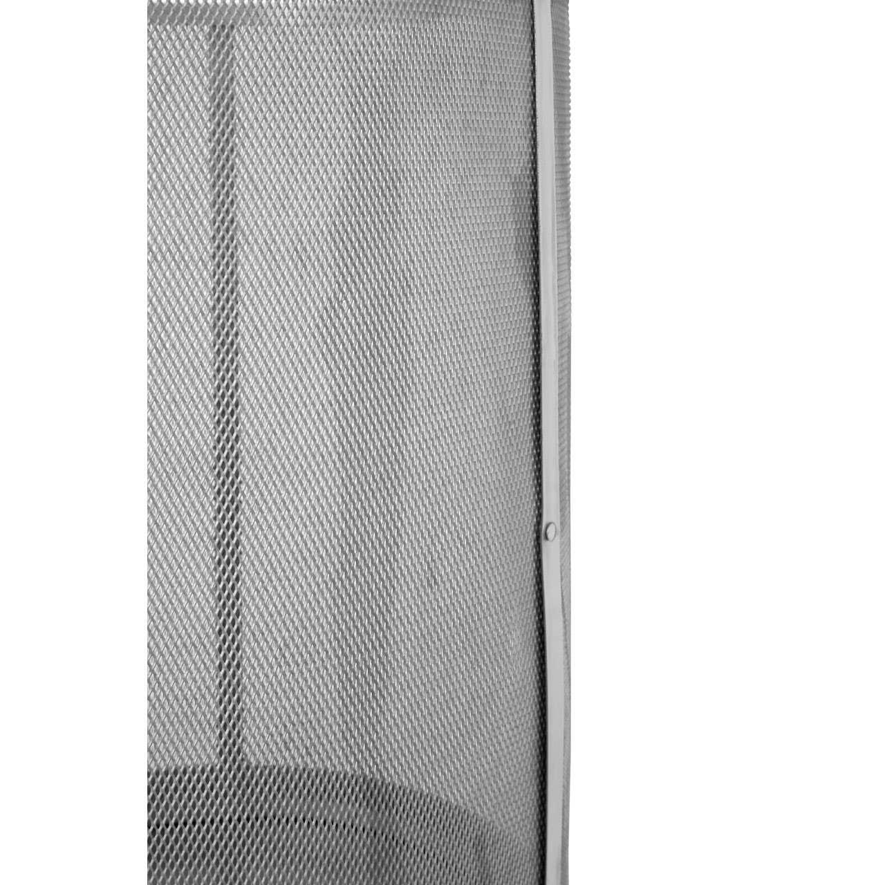 Closeup of silver mesh fire guard panel with geometric pattern and metal frame