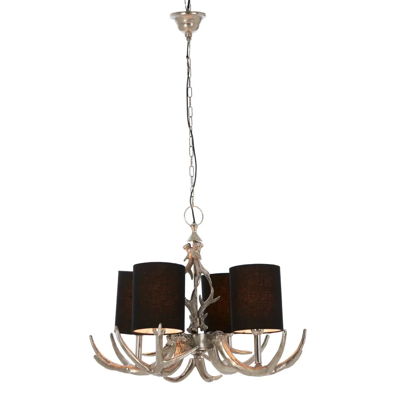 Silver antler design chandelier with four black lamp shades hanging from a chain