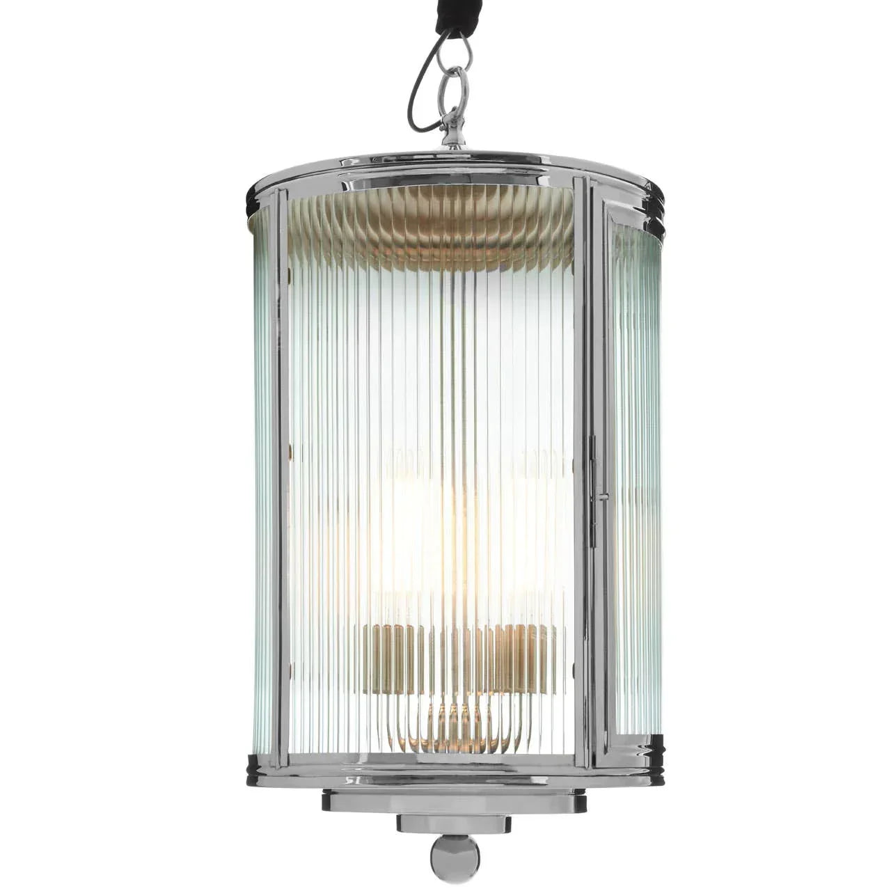 Modern chrome pendant light with clear ribbed glass shade and visible bulb detail