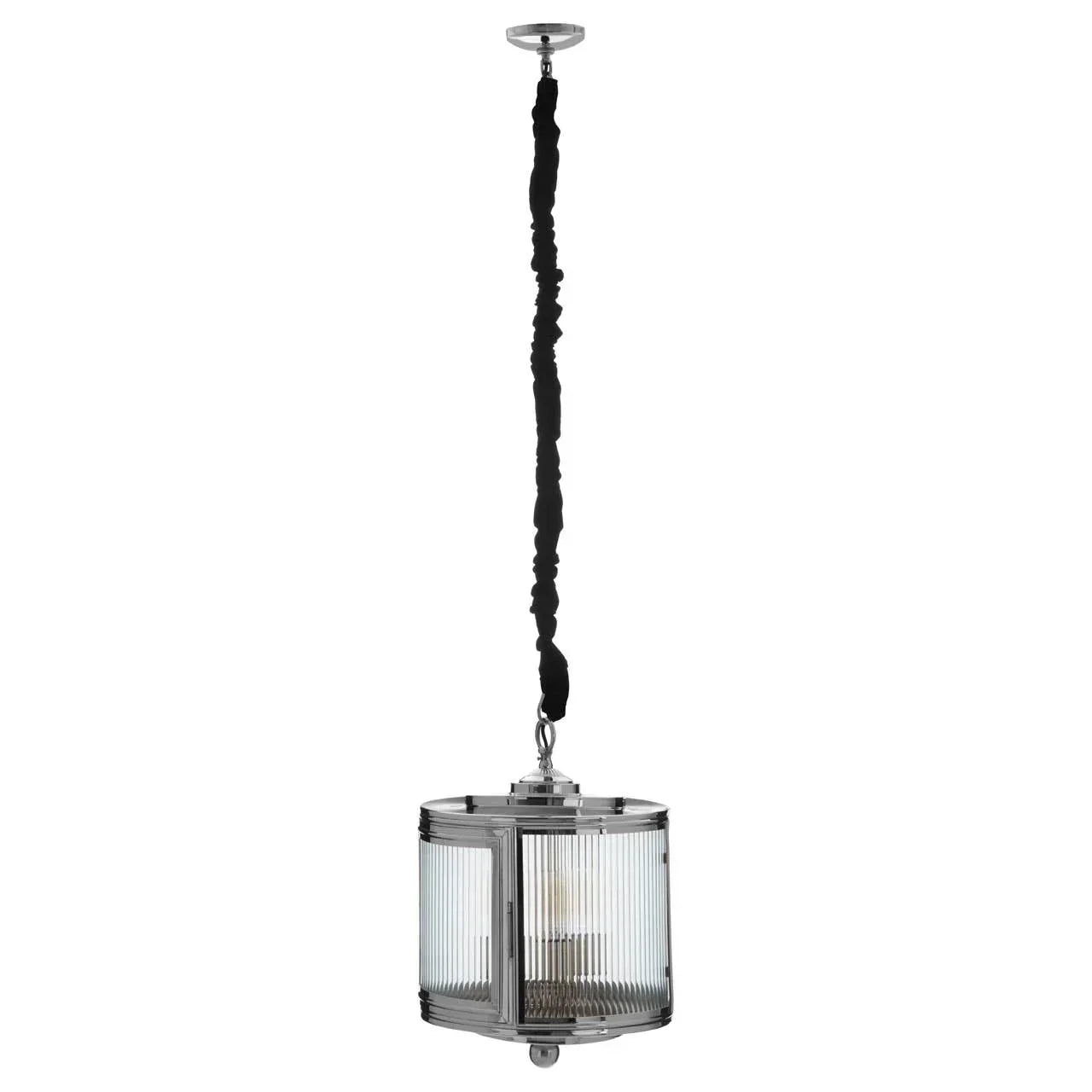 Chrome and glass pendant ceiling light with cylindrical ribbed shade and black cord cover