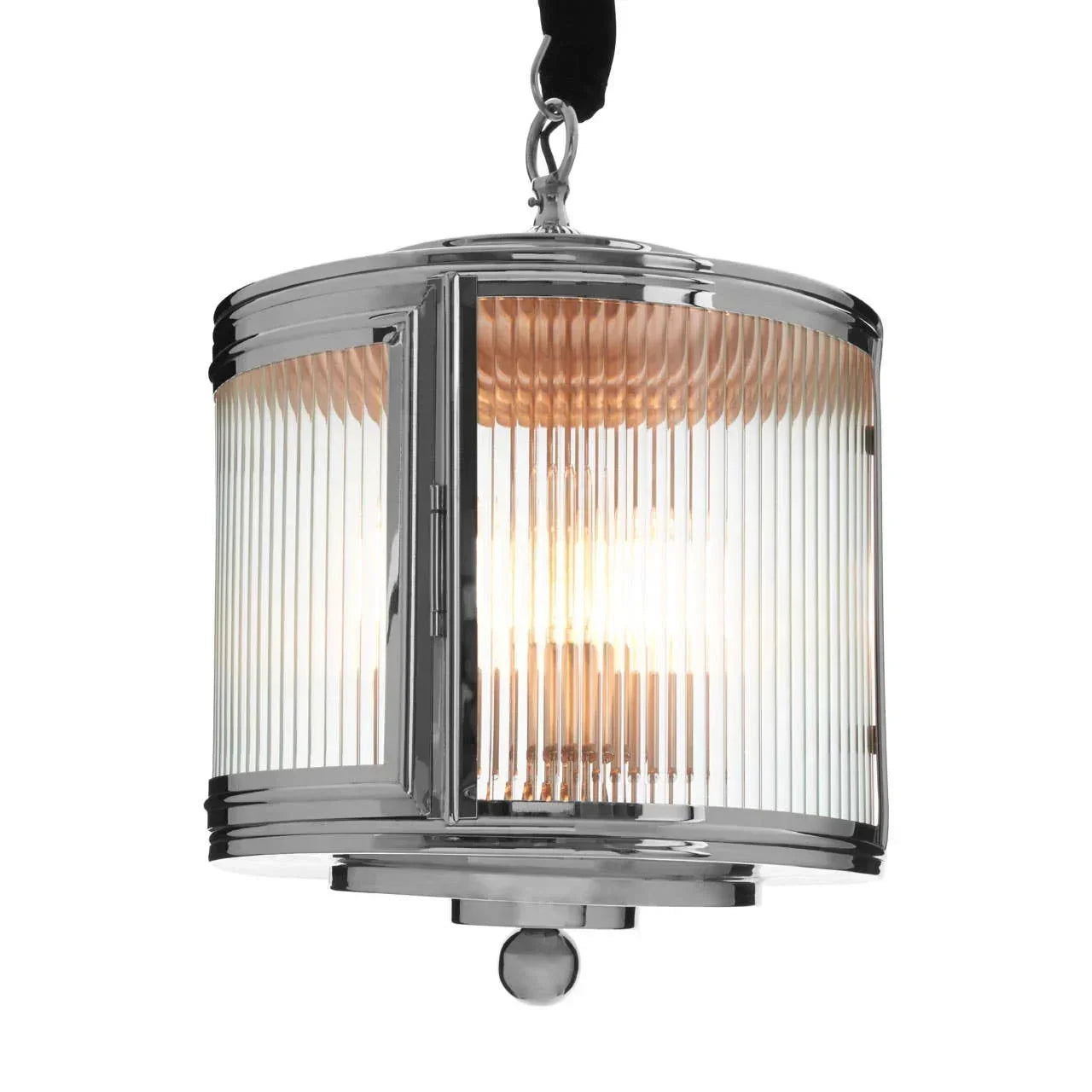 Chrome and glass ceiling light with vertical ribbed panels and black hanging strap