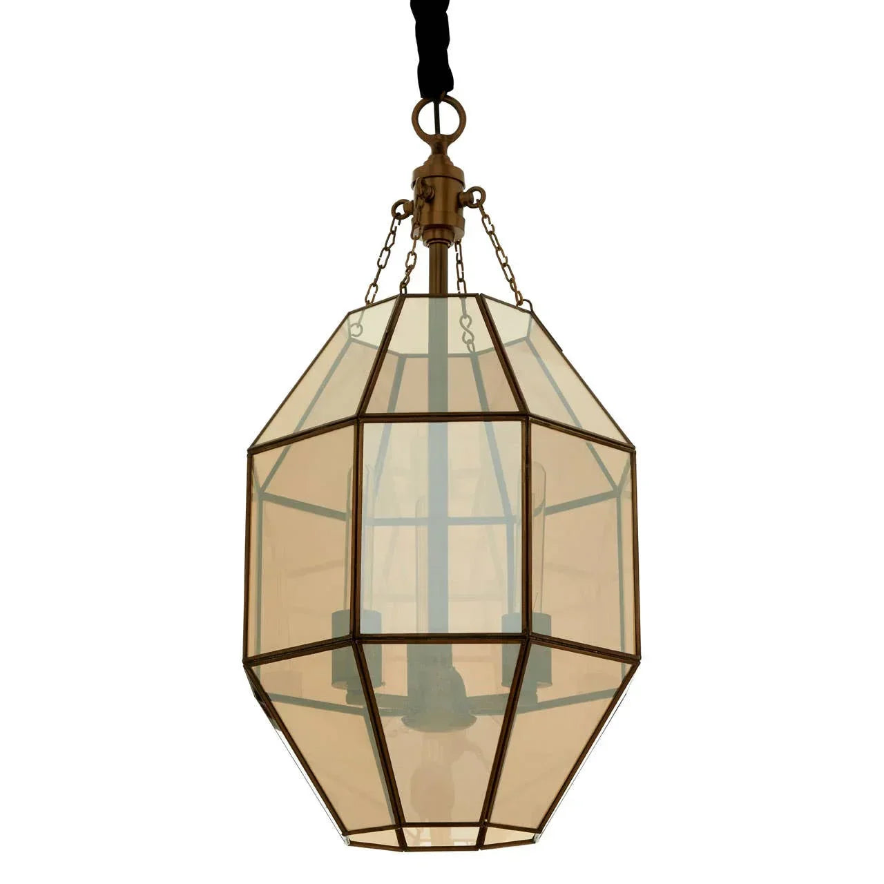 Geometric glass pendant light with metal frame and suspended chain, warm brass finish